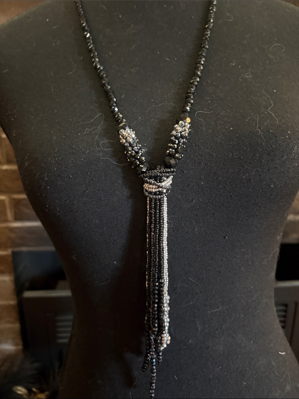 Black Beaded Tassel Necklace with Sparkling Accents